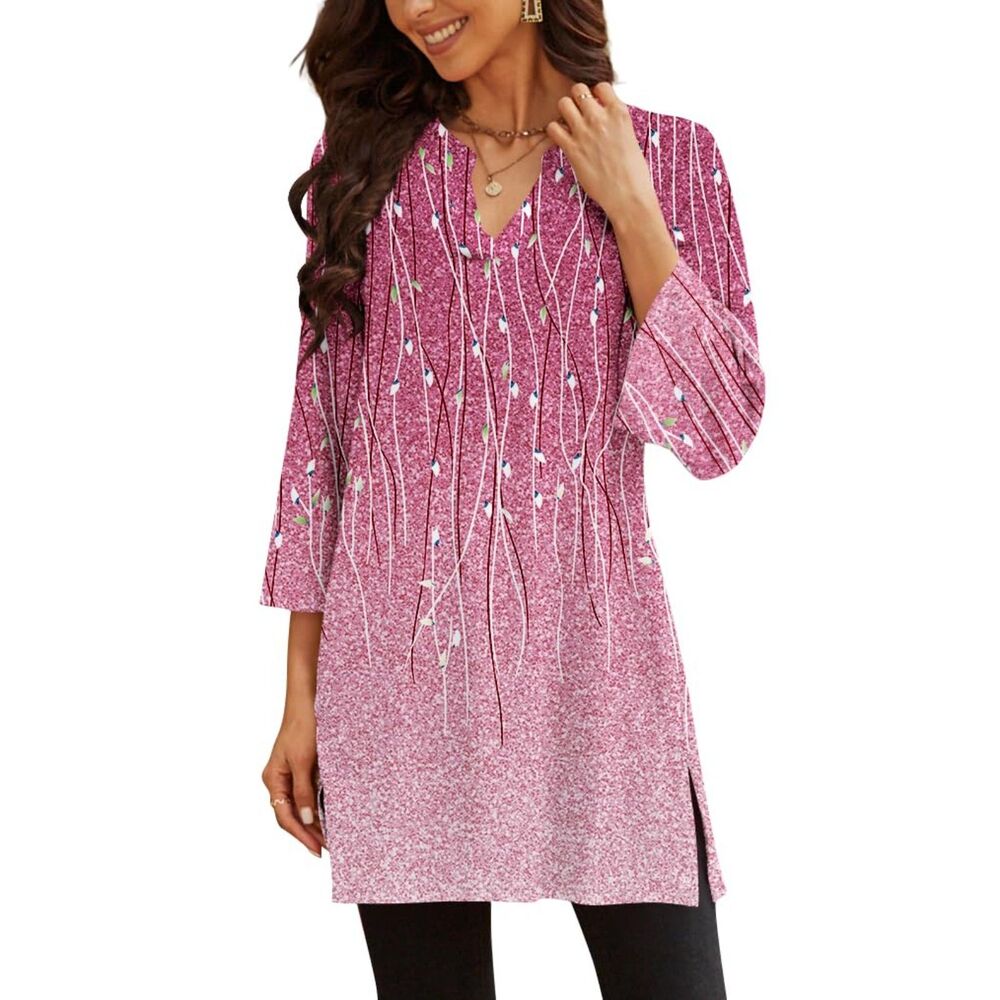 3/4 Bell Sleeve Loose Fit Tunics Dressy Casual Side Split Flare Top, 6D-173T002